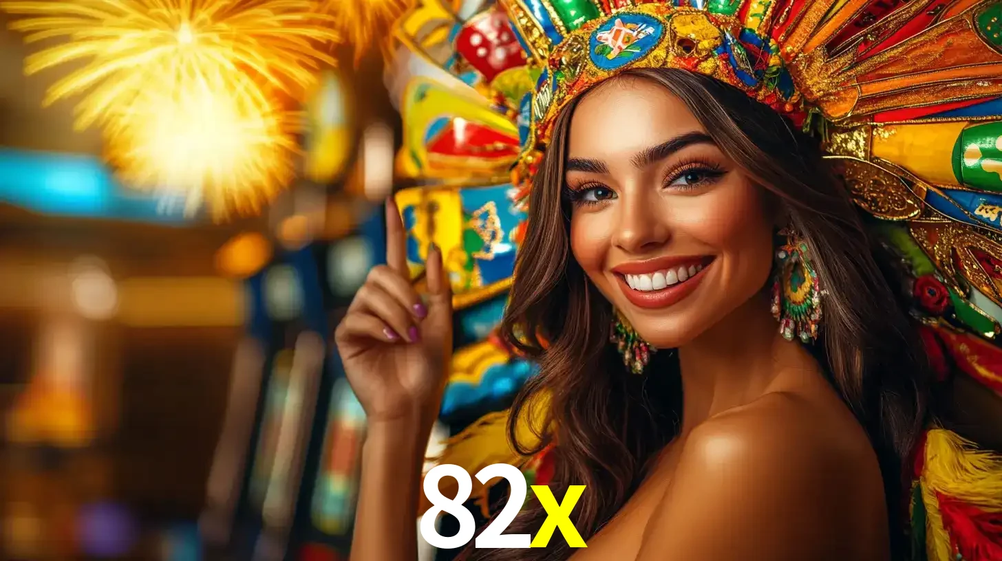 Mulher sorridente com um cocar de carnaval vibrante e colorido, celebrando uma grande vitória nos jogos do cassino 82x com fogos de artifício ao fundo.