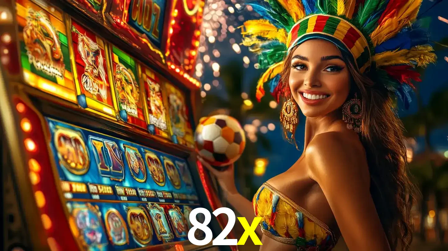 Mulher com um cocar de carnaval ao lado de uma máquina de caça-níqueis enquanto segura uma bola de futebol, mostrando a união da diversão de cassino e esportes no 82x.