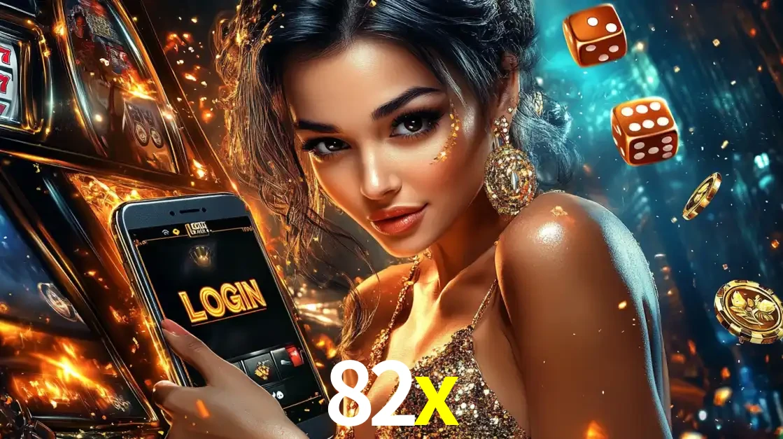 Mulher glamourosa segurando um celular com a tela de login do cassino 82x, rodeada por dados e moedas douradas, pronta para começar a diversão.