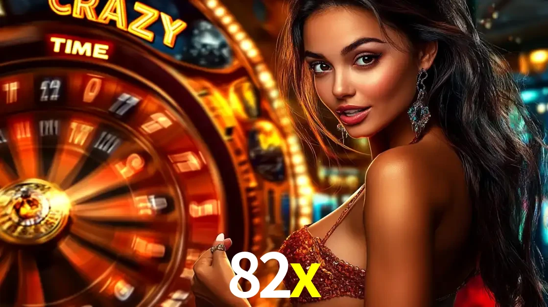 Mulher ao lado da roda de prêmios do jogo de cassino ao vivo Crazy Time, um dos shows de jogos mais emocionantes oferecidos pela plataforma de apostas 82x.