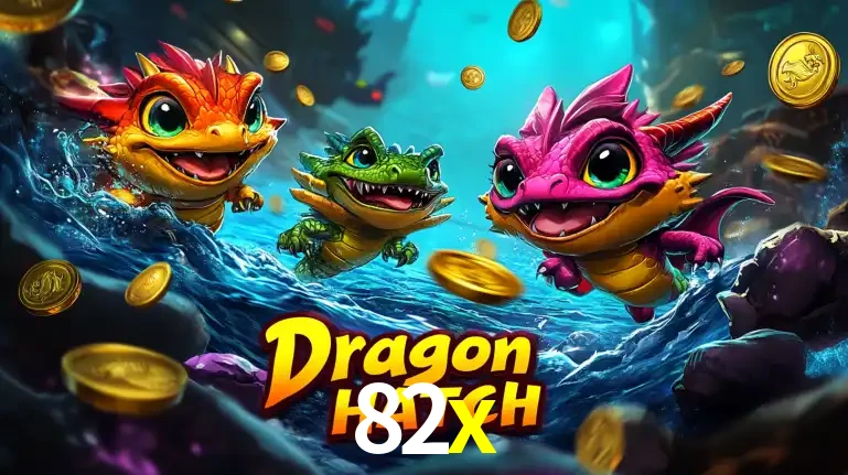 Arte promocional do jogo Dragon Hatch com três adoráveis dragões bebês nadando entre moedas de ouro, um dos slots mais divertidos para jogar no cassino 82x.