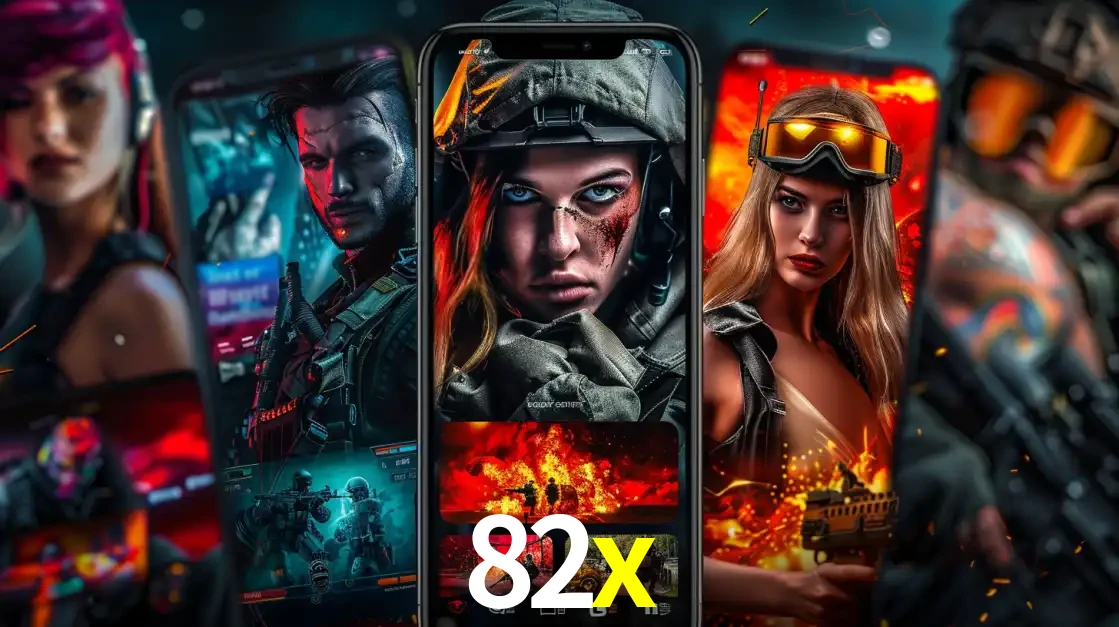 Montagem de telas de celular mostrando diversos personagens, masculinos e femininos, de um jogo de tiro, ilustrando a diversidade de equipes de e-sports para apostar no 82x.