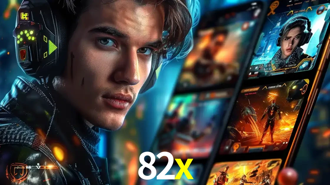 Jovem jogador com fones de ouvido olhando para a câmera, com um aplicativo de jogos e e-sports para celular ao fundo, pronto para a competição e apostas no 82x.
