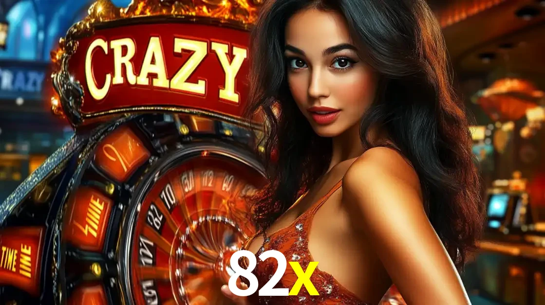 Mulher glamourosa olhando para a câmera com a roda vermelha do Crazy Time ao fundo em um ambiente de cassino, destacando a emoção dos jogos ao vivo no 82x.