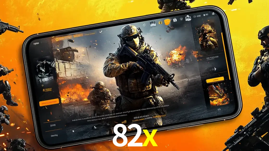 Um smartphone exibindo a interface de um jogo de tiro em primeira pessoa, com um soldado em um cenário de batalha, representando a ação dos e-sports para apostar no 82x.