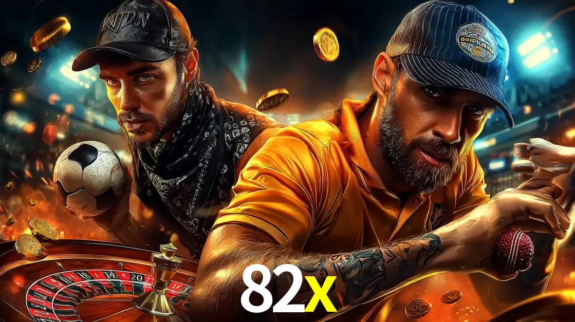 Montagem de apostas esportivas e cassino no 82x, com um homem segurando uma bola de futebol e outro uma de beisebol sobre uma roleta e moedas voadoras.