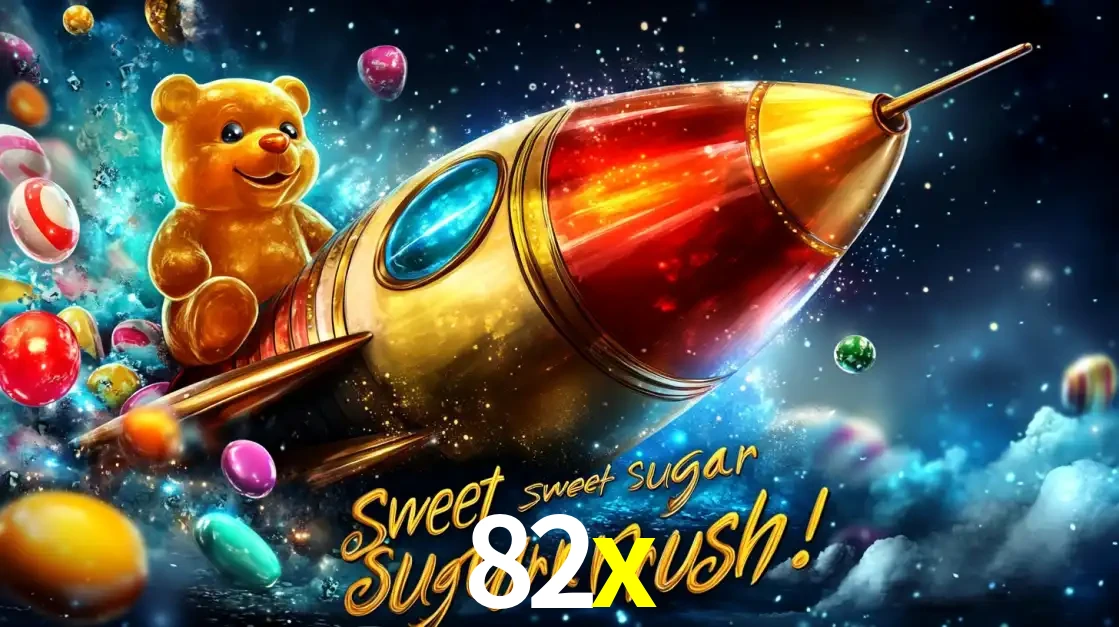 Arte promocional do jogo de slot Sugar Rush, com um urso de pelúcia em um foguete viajando pelo espaço de doces, um dos jogos divertidos disponíveis no cassino 82x.