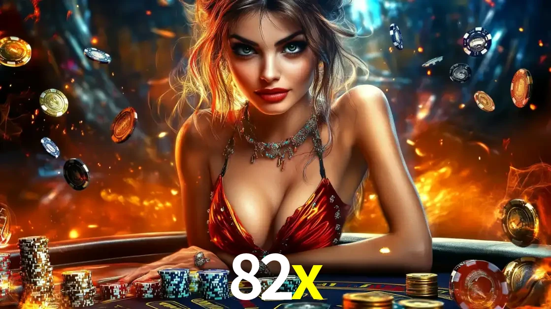 Mulher em uma mesa de cassino com pilhas de fichas e um fundo de fogo, pronta para uma rodada de altas apostas nos jogos de mesa emocionantes do cassino 82x.