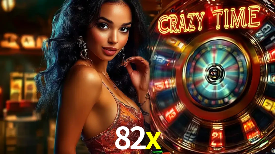 Mulher elegante ao lado da vibrante roda da fortuna do jogo de cassino ao vivo Crazy Time, um dos game shows mais populares e cheios de prêmios do 82x.
