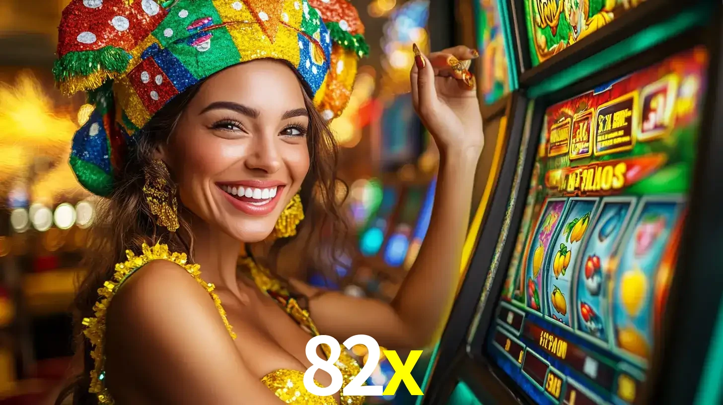 Mulher feliz com traje de carnaval amarelo e colorido ao lado de uma máquina de caça-níqueis, aproveitando a diversão e os jogos temáticos do cassino 82x.