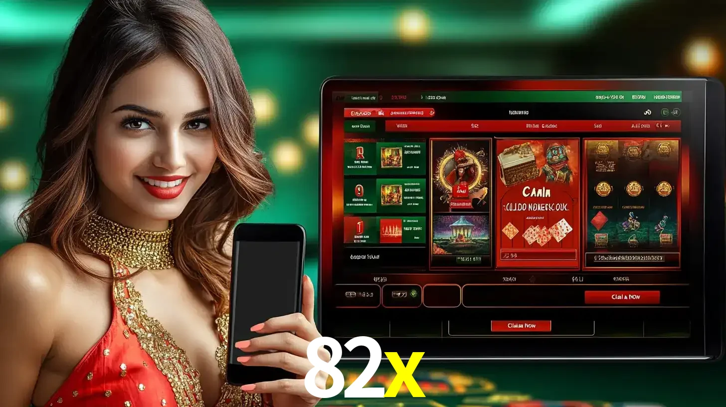 Mulher sorridente segurando um smartphone, ao lado de uma tela exibindo o lobby de jogos do cassino online 82x, com várias opções de jogos de cartas e slots.